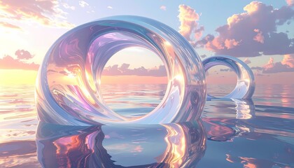 Abstract Glass Rings Reflecting a Serene Sunset Over Water.