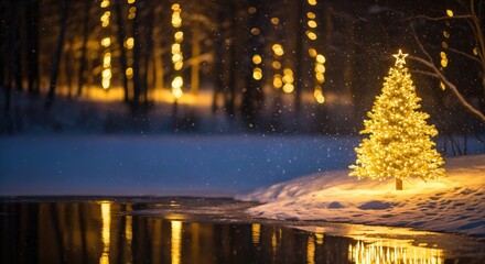 Glowing Christmas tree on a snowy riverbank at night, with golden lights reflecting in the water and a magical winter forest in the background, creating a festive holiday scene.