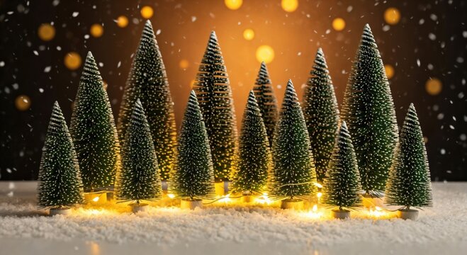 Miniature Christmas trees in a snowy winter wonderland scene, adorned with warm string lights and falling snowflakes against a magical bokeh background