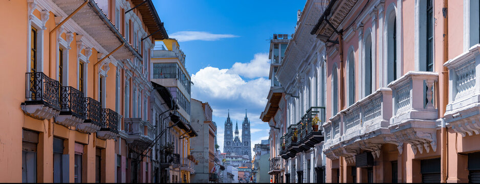 Old Town in Quito, Ecuador. Colonial colorful scenic historic city center streets
