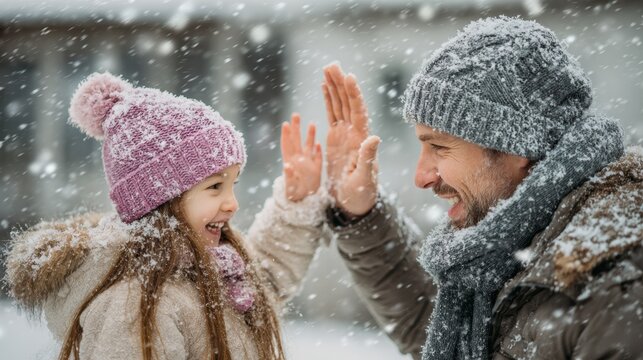Joyful Father and Daughter Share a High-Five After a Successful Catch in the Snow