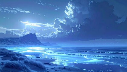 Mystical Blue Ocean Shoreline with Glowing Water and Distant Mountains Under a Cloudy Sky.