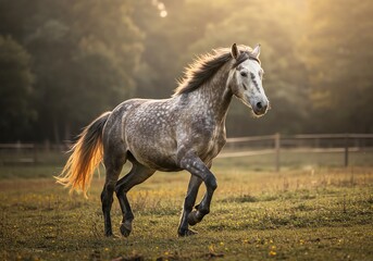 Fototapeta premium Dapple Gray Horse Galloping Through Golden Meadow at Sunrise Light
