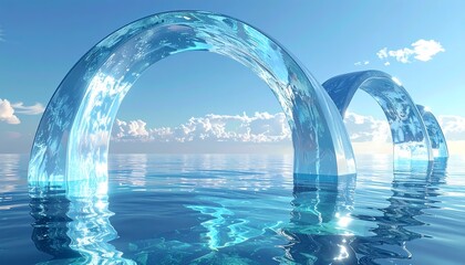 Ethereal Ice Arches Reflecting in Calm Blue Water Under Clear Sky.