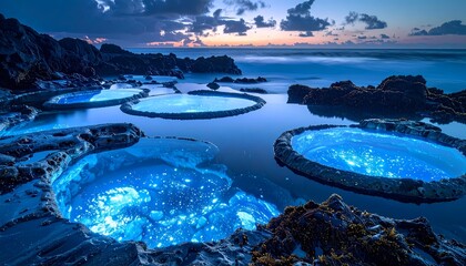 Bioluminescent Algae Glowing in Tidal Pools at Night.