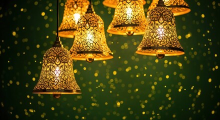 Ornate golden bell-shaped lamps with intricate patterns glowing warmly against a dark green background with sparkling bokeh lights, festive decoration