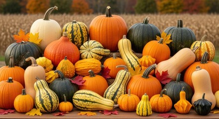 Abundant Autumn Harvest Display of Gourds and Pumpkins, Squash, Fall, Food