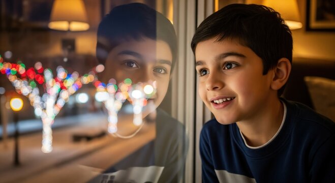 Happy young boy, 7 years old, looking out a window at night, smiling at the colorful bokeh Christmas lights reflecting on the glass
