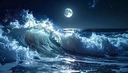 Powerful ocean waves crashing under a full moon at night illuminated by moonlight.