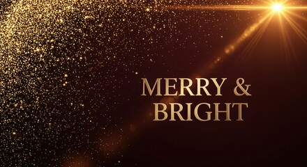 Golden glitter particles and a bright light flare illuminate a dark background with the festive message MERRY & BRIGHT, perfect for holiday celebrations and greetings.