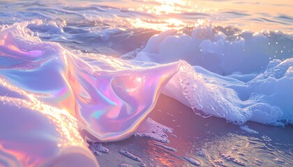 Iridescent Fabric Drifting in Gentle Ocean Waves at Sunset with Soft Pastel Hues.