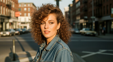 Woman in 1980s wearing a denim jacket with voluminous hair and natural makeup, photographed on a city street at golden hour with soft shadows and an authentic vintage color palette