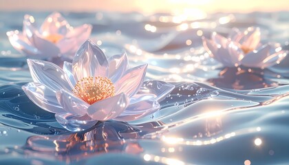 Enchanting Crystal Lotus Flowers Floating on Shimmering Water Surface at Sunset.