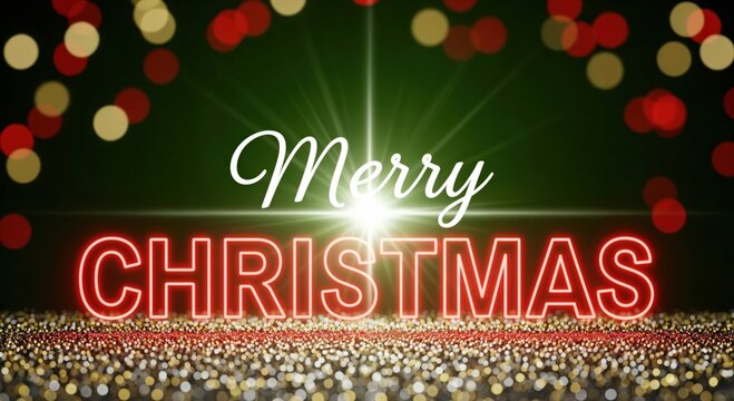 Merry Christmas holiday greeting with glowing red neon text and festive bokeh lights on a dark green background