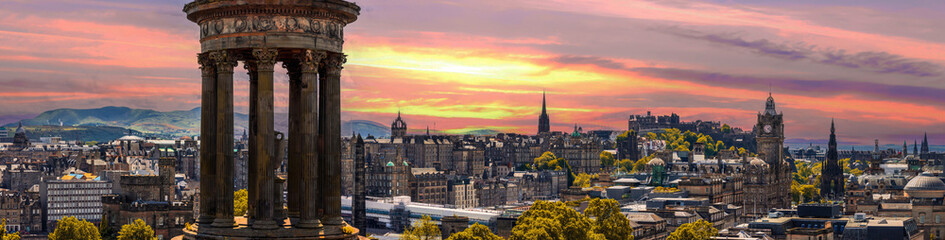 The Old and New Towns of Edinburgh panoramic skyline city view from Calton Hill. A Unesco site