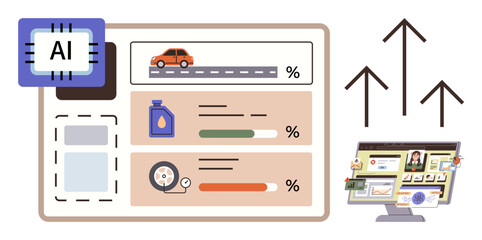 Automotive dashboard tracking car performance with AI integration. Includes oil level, tire pressure, and efficiency stats. Ideal for technology, automation, innovation, data analysis, AI