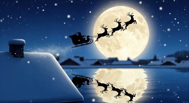 Santa Claus and his reindeer flying across a bright full moon, silhouetted above a snowy village with reflections shimmering on the water below on a magical Christmas night.