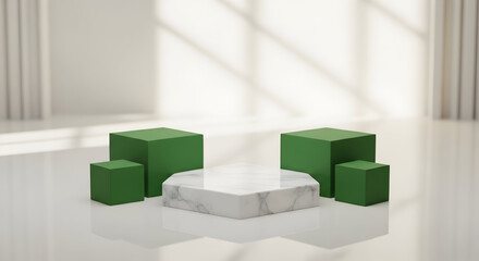 Empty podium product presentation or pedestal display on blank background with green cubes stand concept. Blank product shelf standing backdrop. 3D rendering.