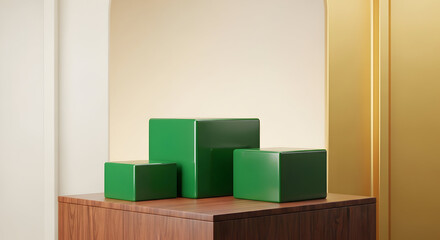 Empty podium product presentation or pedestal display on blank background with green cubes stand concept. Blank product shelf standing backdrop. 3D rendering.