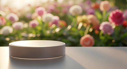 Empty podium product presentation or pedestal display on blur flower background with white cylinder stand concept. Blank product shelf standing backdrop. 3D rendering.