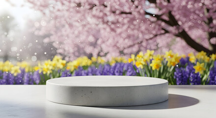 Empty podium product presentation or pedestal display on blur flower background with white cylinder stand concept. Blank product shelf standing backdrop. 3D rendering.