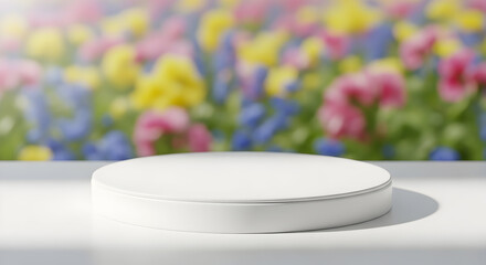 Empty podium product presentation or pedestal display on blur flower background with white cylinder stand concept. Blank product shelf standing backdrop. 3D rendering.