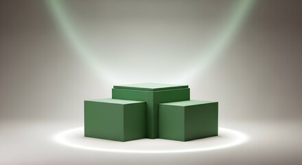 Empty podium product presentation or pedestal display on blank background with green cubes stand concept. Blank product shelf standing backdrop. 3D rendering.