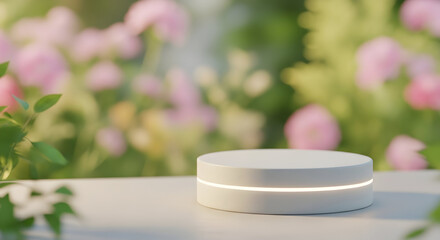Empty podium product presentation or pedestal display on blur flower background with white cylinder stand concept. Blank product shelf standing backdrop. 3D rendering.