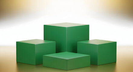 Empty podium product presentation or pedestal display on blank background with green cubes stand concept. Blank product shelf standing backdrop. 3D rendering.