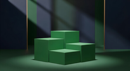 Empty podium product presentation or pedestal display on blank background with green cubes stand concept. Blank product shelf standing backdrop. 3D rendering.