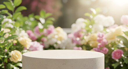 Empty podium product presentation or pedestal display on blur flower background with white cylinder stand concept. Blank product shelf standing backdrop. 3D rendering.
