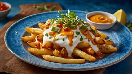 Loaded french fries with melted cheese and sauce on blue plate gourmet food photography
