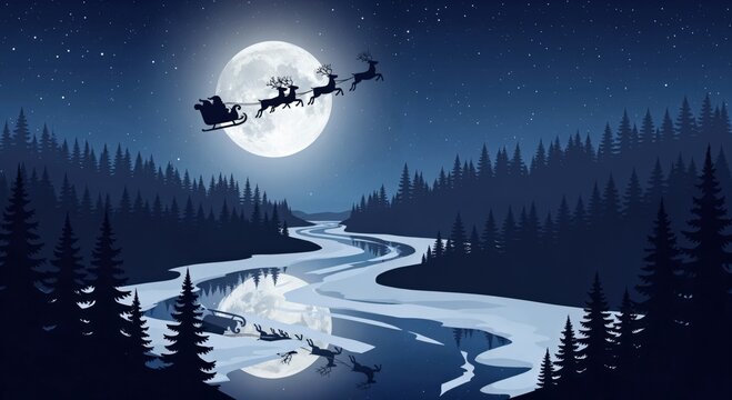 Santa Claus and his reindeer flying across a serene winter forest landscape under a bright full moon, with reflections on a partially frozen river at night
