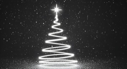 Elegant glowing spiral Christmas tree with a bright star on top, set against a dark snowy background with sparkling ground, perfect for holiday celebrations and winter greetings
