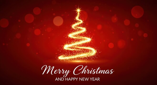 Merry Christmas AND HAPPY NEW YEAR festive greeting card with glowing golden light particle Christmas tree on a red bokeh background