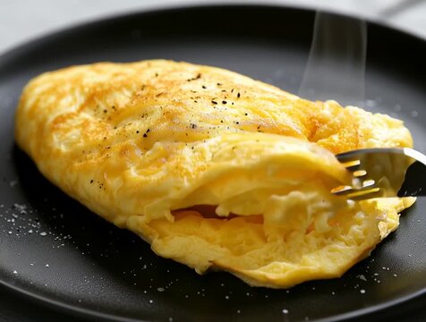 Fluffy omelet on a black plate
