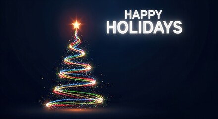 Happy Holidays greeting with a glowing abstract Christmas tree made of colorful light trails and a bright star on a dark blue background, festive season celebration