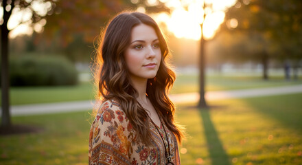 Boho girl in 2006-inspired fashion wearing a loose floral top, standing in a sunset park scene with long layered hair, natural makeup, and soft DSLR tones creating a nostalgic vintage atmosphere
