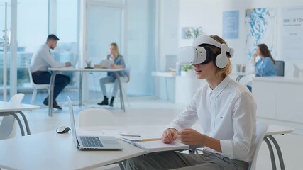 Office worker using VR headset with colleagues - Powered by Adobe