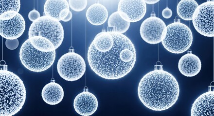 Abstract glowing Christmas ornaments shimmering with light particles against a dark blue background, creating a modern festive holiday display.