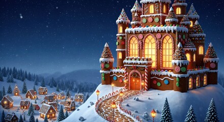 Obraz premium Enchanting gingerbread castle and village nestled in a magical snowy winter wonderland at night, adorned with festive candy decorations and warm glowing lights.