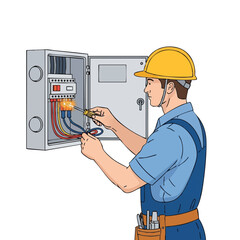 A skilled electrician, wearing a safety helmet, meticulously works on an electrical panel, ensuring proper connections and safety protocols are followed in the process.