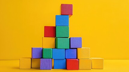 Pyramid of colorful wooden blocks on a yellow background, studio shot