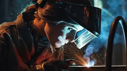 Female welder focused on her work, sparks flying in a dimly lit workshop with tools in the background