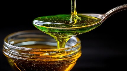 Olive Oil being poured into a glass bowl closeup