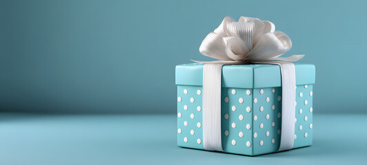 Mock-up poster, baby blue gift box with white bow on light blue background, 3D Render, 3D Illustration