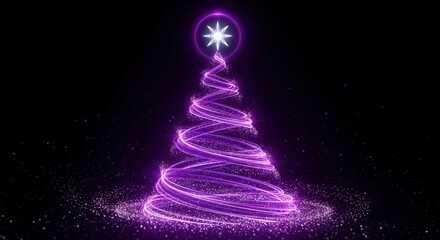 Abstract glowing purple Christmas tree made of light trails and sparkling particles on a dark background, festive holiday season concept