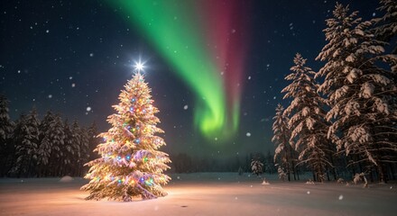 Beautifully Decorated Christmas Tree Shines Brightly in a Serene Winter Landscape with Vibrant Northern Lights and Falling Snow