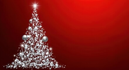 Elegant sparkling silver Christmas tree made of glitter and shiny ornaments on a vibrant red gradient background, perfect for festive holiday season celebrations and winter greetings