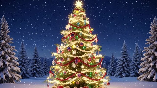 Christmas tree with ornaments in the winter wonderland landscape, snow, night, decorated Xmas tree - festive and lights, holiday and celebration